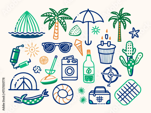 set of summer icons ball, ocean, water, holiday, sun, vector, beach, summer, tree, illustration, umbrella, sunglasses, symbol, icons, nature, island, set, travel, sea, icon, palm, tropical,