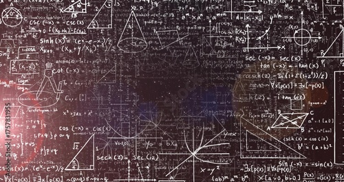 Displaying chalkboard showing chalk formulas geometric diagrams and function plots in classroom