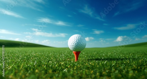 A pristine white golf ball perched on a vibrant orange tee, ready for action on a lush green fairway under a bright blue sky with scattered clouds. The perfect shot for sports, leisure, and outdo