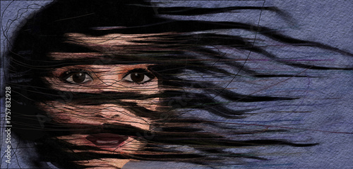 A beautiful dark eyed girl with long hair is seen in a strong autumn wind in a 3-d illustration digital watercolor.