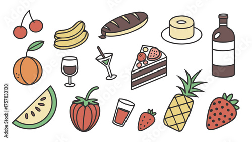 set of vegetables sweet, sushi, hamburger, dessert, cartoon, icon, food, cake, set, illustration, restaurant, coffee, cheese, pie, lunch, burger, fruit, meal, chocolate, candy, sandwich, vector, break