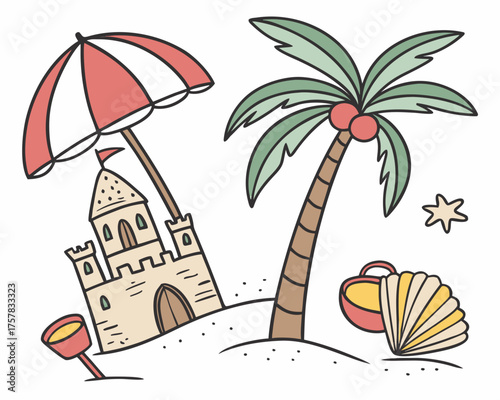 summer vacation vector illustration cartoon, paradise, resort, wave, relax, landscape, vacation, ocean, tropical, palm, sea, summer, beach, tree, umbrella, travel, sky, holiday, nature, sand, illustra