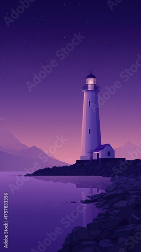 Wallpaper Mural A solitary lighthouse, white and tall, stands illuminated against a twilight sky, its light casting a gentle glow on the calm, purplish water and dark rocky shore. Torontodigital.ca