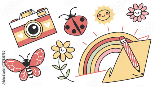 vector illustration of a set of images of the nature cartoon, illustration, ladybug, art, sun, bird, floral, set, cute, design, nature, flower, butterfly, summer, spring, vector, insect, animal, bee, 
