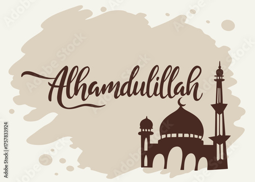 vector illustration of a mosque in background with text ALHAMDULILLAH  vector, city, mosque, church, icon, design, dome, architecture, india, silhouette, taj mahal, eid, asia, castle, culture, landmar