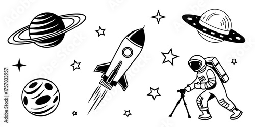 set of space elements vector, design, plane, symbol, transport, illustration, space, rocket, art, fish, silhouette, aircraft, vintage, drawing, airplane, set, icon