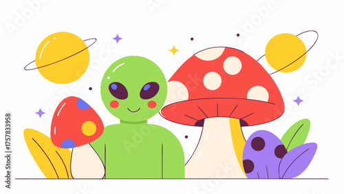 set of funny cartoon animals flat illustration fantasy, red, mushrooms, grass, mushroom, food, cartoon, illustration, toadstool, summer, green, decoration, drawing, art, design, cute, agaric, leaf, fu