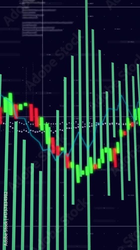 Financial data analysis with fluctuating stock market graph animation over dark background