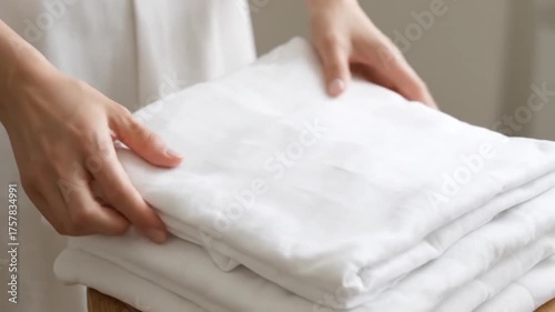 Womans Hands Neatly Folding Freshly Laundered White Towels.