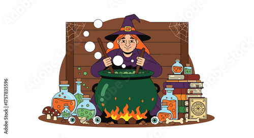 A cartoon witch stirring a bubbling cauldron surrounded by potion bottles and books on a wooden background for Halloween.