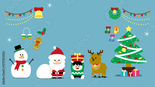 Cute Christmas Illustration Set (Santa, Reindeer, Presents, Tree, Snowman) – no text, background（クリスマスイラスト）