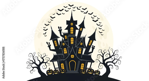 A spooky haunted house with lit windows and bats flying around it on a full moon night with bare trees and pumpkins, evoking a Halloween atmosphere.