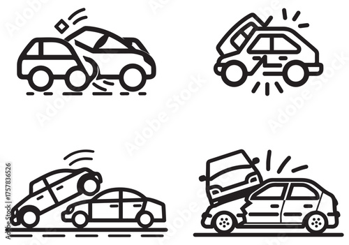 Four outlined car crash icons showing vehicle collisions on white background