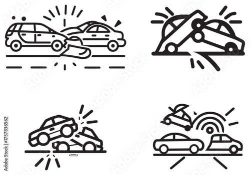 Four vehicle collision icons display different crash scenarios in a on white background
