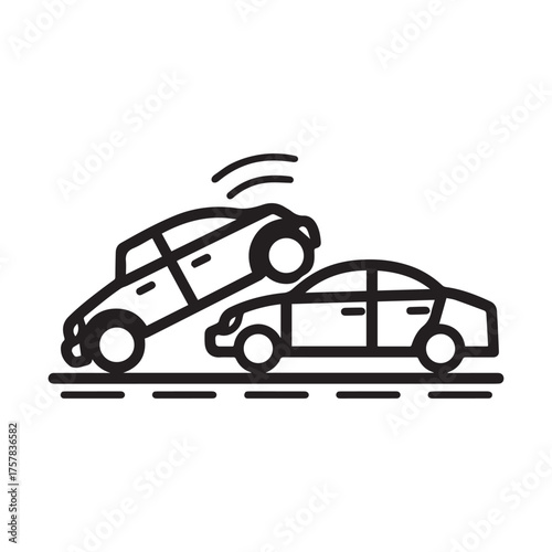 Line drawing of two cars crashed on the road showing accident in white background