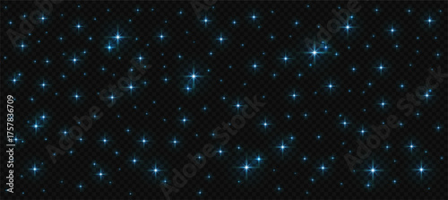 Vector starry night sky overlay. Realistic glowing blue stars on a transparent background.