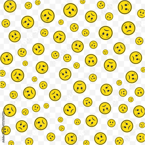 Gloomy yellow smiley faces floating on a checkered backdrop creating a melancholy mood, perhaps reflecting stress or anxiety for commercial use