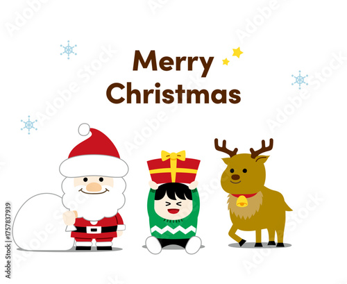 Cute Christmas Illustration (Santa, Reindeer, Presents) – with text, transparent background（クリスマスイラスト）