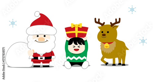 Cute Christmas Illustration (Santa, Reindeer, Presents) – no text, transparent background（クリスマスイラスト） 