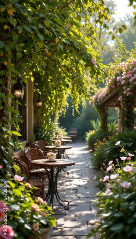 Fototapeta premium Charming Outdoor Cafe with Floral Canopy