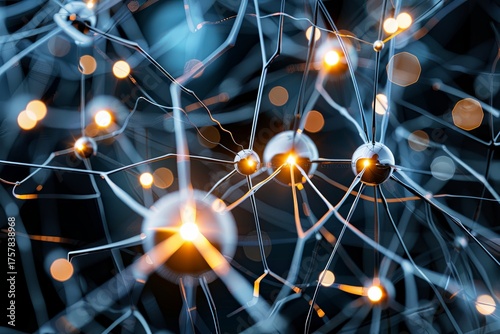 Complex network of glowing particles representing connections and interactions in a digital world