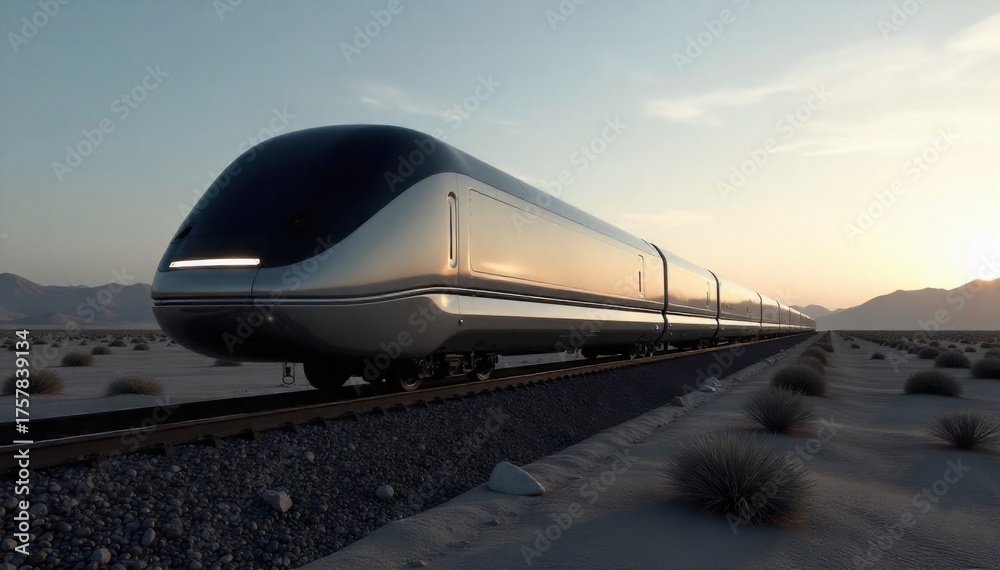 Naklejka premium High speed magnetic levitation train accelerating through a vast, empty desert. A sleek, silver magnetic levitation train is in motion, appearing as a streak against the vast, empty desert landscape.