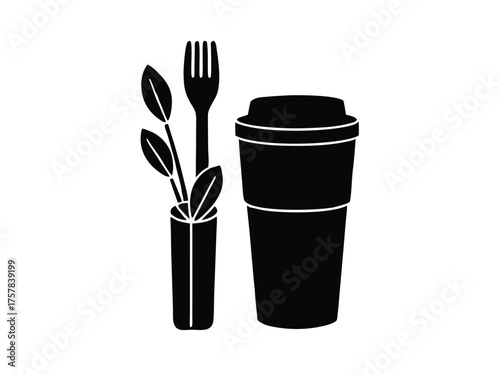 Vector art of silhouette of coffee cup, fork and plant