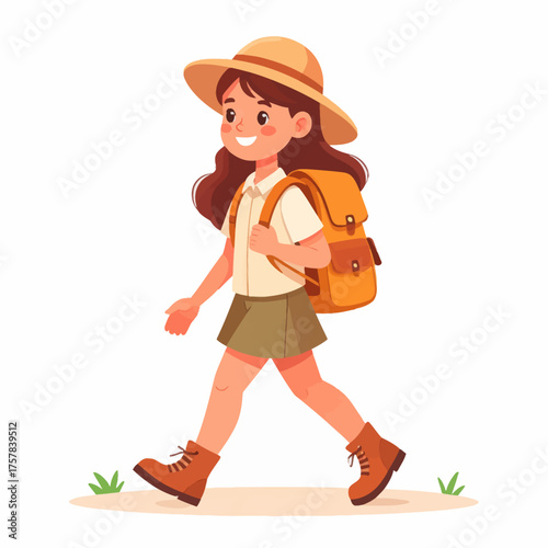 Happy Girl Scout Walking with Backpack and Hat Smiling Cheerful in Illustration Style
