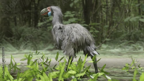 A 3D animation of the extinct terror bird Gastornis walking in a mid-Paleocene forest 50 million years ago. They were 2.15 m (7 ft 1 in) in height