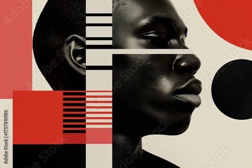 Artistic portrait of a young man with abstract geometric shapes in vibrant colors