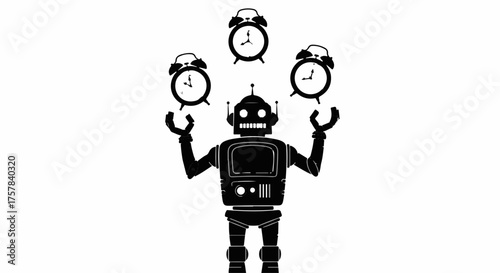 Robot juggling alarm clocks, symbolizing time management and efficiency.