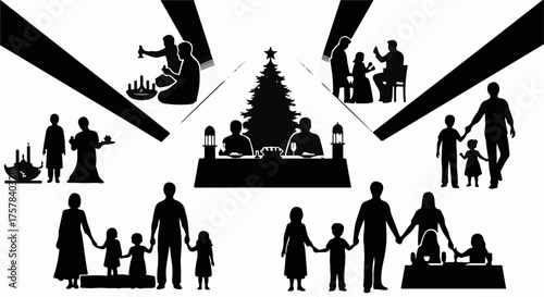Diverse families and individuals gather for festive holiday celebrations around a Christmas tree.