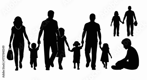 Diverse family silhouettes walking together, symbolizing unity and connection.