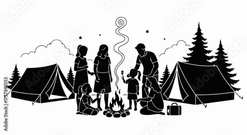 Family enjoying a warm campfire together under a starry night sky at a campsite.