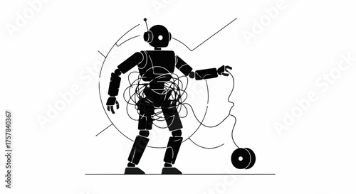 Robot struggling to untangle a tangled string while playing with a yo-yo