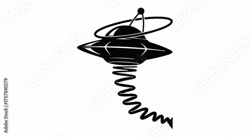 Whimsical retro flying saucer descends on a spring, suggesting playful extraterrestrial visitation.