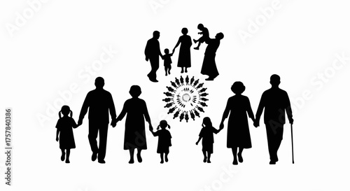 Diverse multigenerational family figures holding hands in a harmonious circle, symbolizing unity and connection.