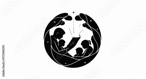 Warm embrace of family sharing a magical storybook adventure