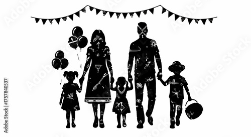 Joyful silhouette of a family holding hands, celebrating outdoors with festive decorations
