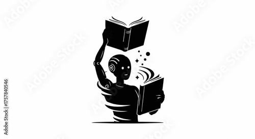 Robot protagonist absorbing knowledge from open books, symbolizing artificial intelligence and learning.