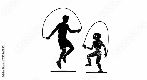 Man and robot enjoying a playful jump rope game together outdoors