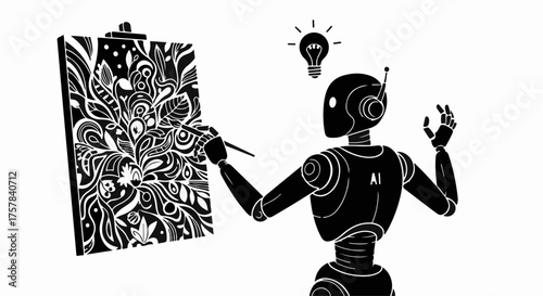 Robot artist creatively designs intricate pattern on canvas with bright idea bulb above