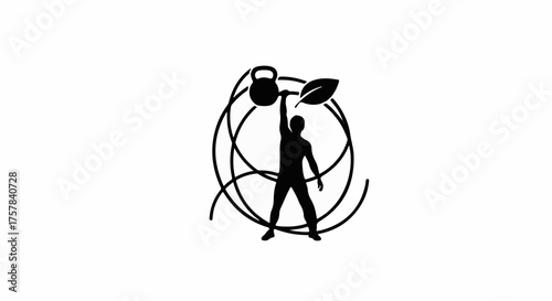 Silhouette of a person lifting a kettlebell with a leaf, symbolizing healthy lifestyle and strength.