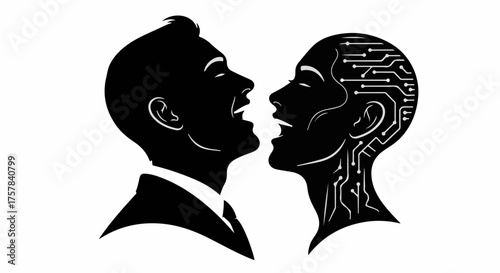 Human and AI connection represented by silhouetted profiles with circuit board details