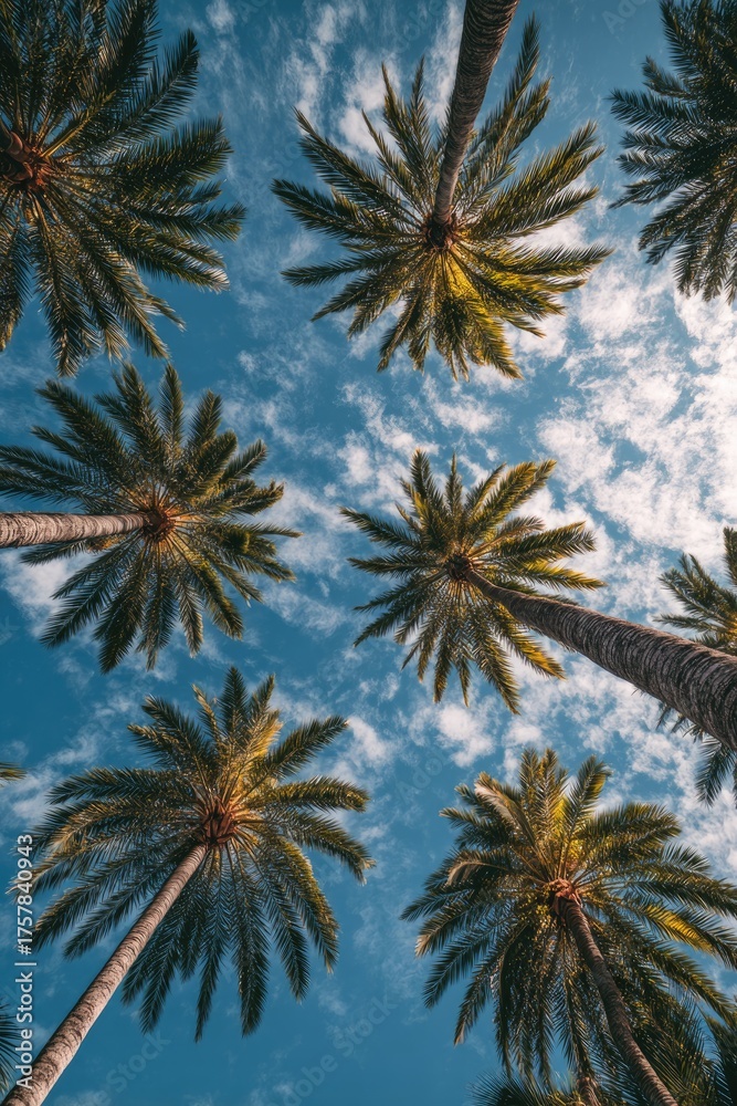 Fototapeta premium Low-angle view of several tall palm trees against a vibrant blue sky scattered with fluffy white clouds. The image is bright and evokes a tropical, sunny atmosphere