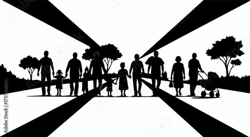 Diverse families walking together towards a bright future