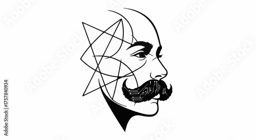 Artistic profile of a man with a prominent mustache and geometric lines overlaying his head, suggesting thought or complexity.