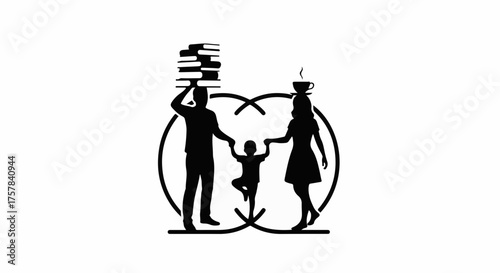 Family silhouette with child carrying books and coffee cup, symbolizing education and nourishment within a caring embrace.