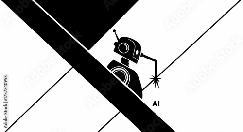 Futuristic robot character with glowing eye peeking through geometric shapes