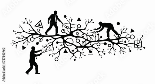Silhouettes of people collaborating on a complex network, building connections and progress.